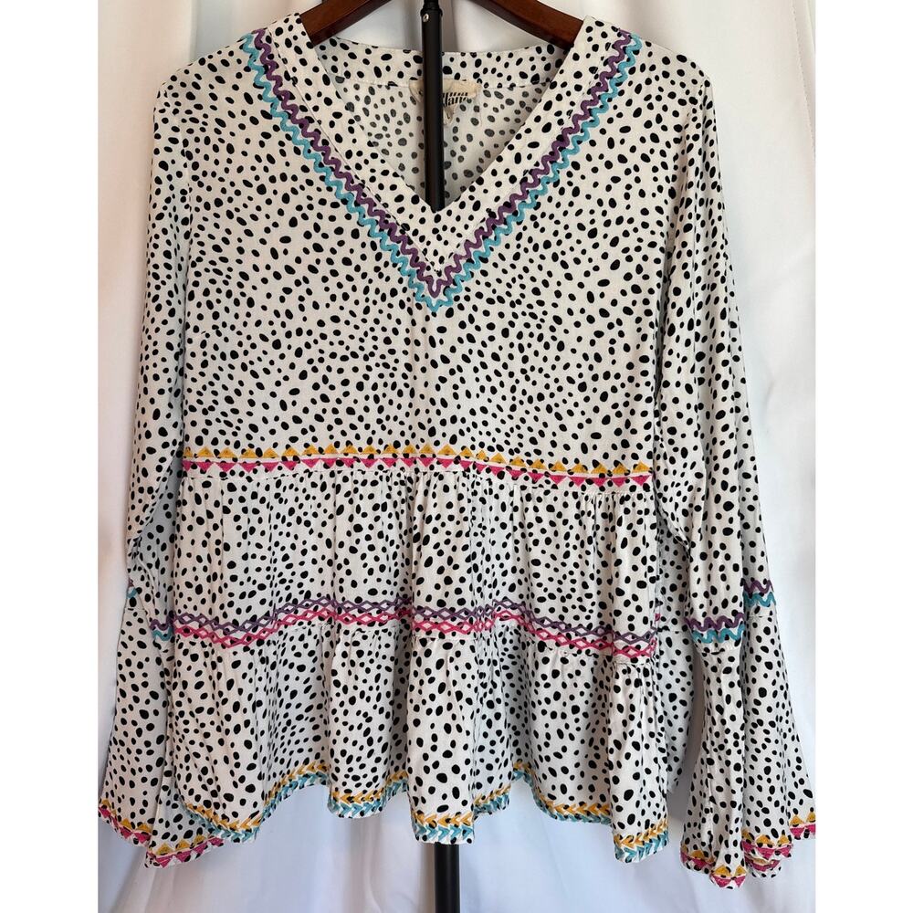 Savanna Jane Boho Polka Dot Blouse Dramatic Bell Sleeve Babydoll Peasant Top L